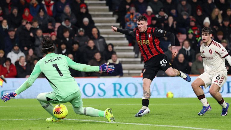 Alex Jimenez scores to give Bournemouth a 2-0 lead against Liverpool