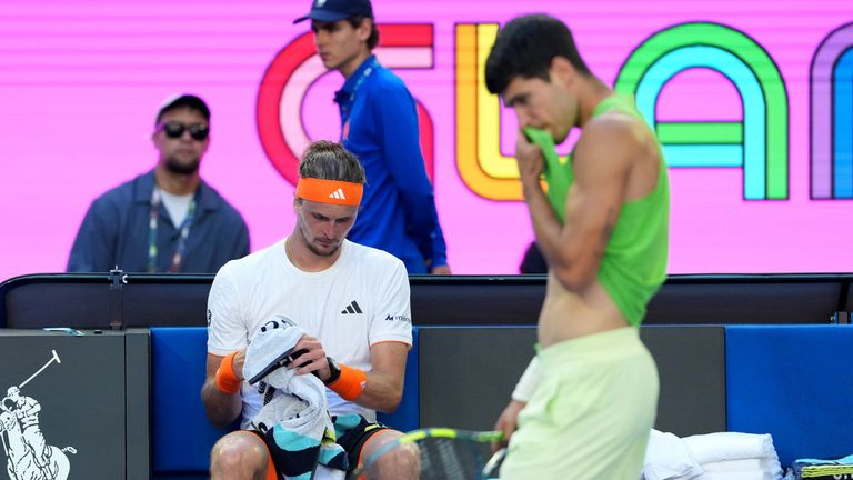 Alexander Zverev of Germany sits in his chair at a change of ends during his semifinal match against Carlos Alcaraz of Spain at the Australi