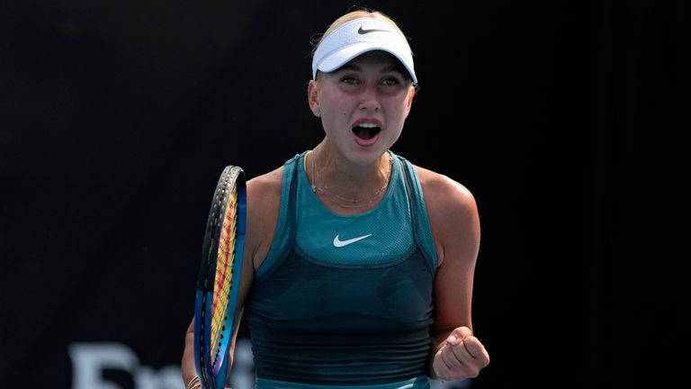 Anastasia Potapova of Russia reacts after defeating Tamara Zidansek of Slovenia during their first round match at the Australian Open tennis championship in Melbourne, Australia, Monday, Jan. 13, 2025. (AP Photo/Manish Swarup)