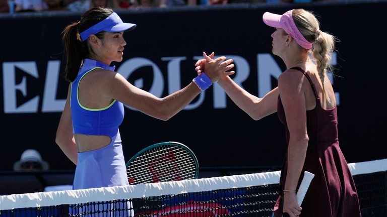 Austria's Anastasia Potapova is congratulated by England's Emma Raducanu (left) after the second round of the Australian Open. 