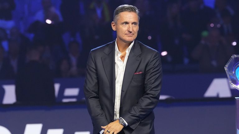 ATP President Andrea Gaudenzi stands at the end of the singles tennis final match of the ATP World Tour Finals, in Turin, Italy, Sunday, Nov