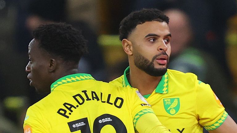 Anis Ben Slimane of Norwich City celebrates with Papa Amadou Diallo after scoring a goal to make it 1-1 against Coventry