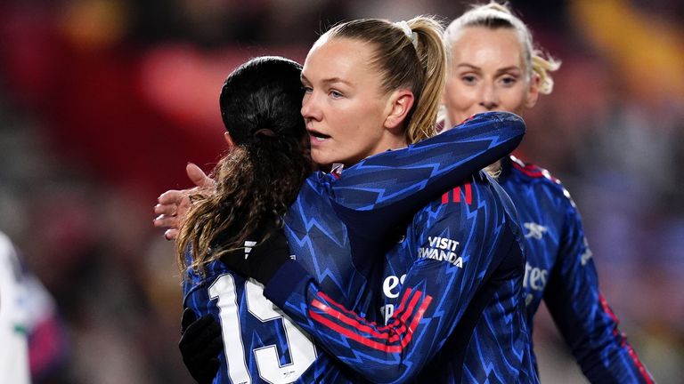 Frida Maanum celebrates after scoring her goal with Arsenal team-mate Olivia Smith