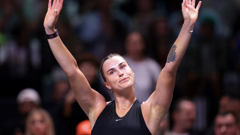 Aryna Sabalenka acknowledges the crowd following defeat to Nick Kyrgios in The 'Battle of the Sexes' exhibition match