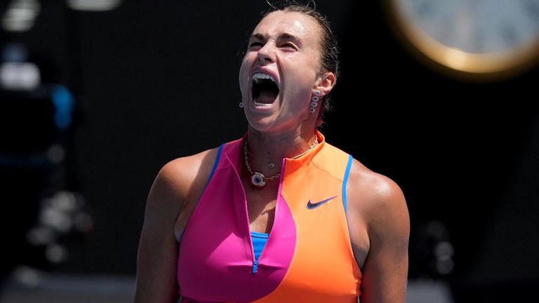 Aryna Sabalenka of Belarus reacts during her fourth round match against Victoria Mboko of Canada at the Australian Open tennis championship 