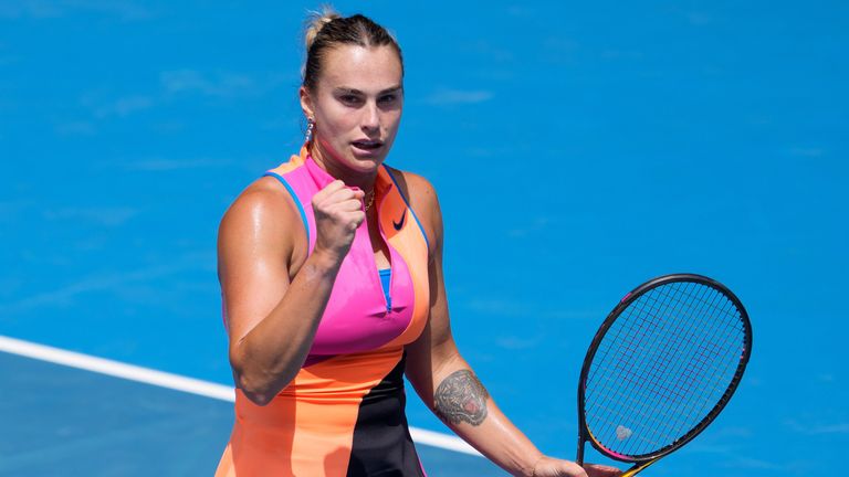 ARYNA SABALENKA of Belarus in action against 17th seed VICTORIA MBOKO of Canada on Rod Laver Arena in a Women's Singles 4th round match on d