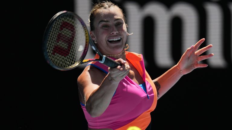 Aryna Sabalenka of Belarus plays a forehand return to Iva Jovic of the U.S during their quarterfinal match at the Australian Open tennis cha