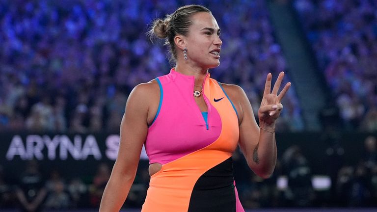 Aryna Sabalenka of Belarus gestures as she arrives on court to play Elena Rybakina of Kazakhstan in the women's singles final at the Austral