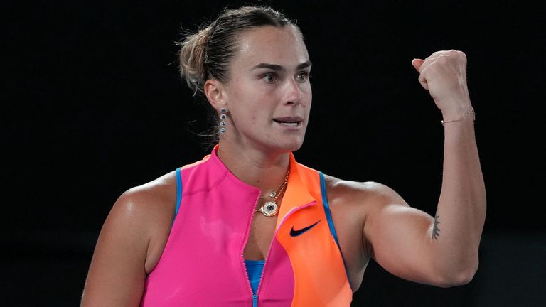 Aryna Sabalenka of Belarus reacts during her match against Elena Rybakina of Kazakhstan in the women's singles final at the Australian Open 