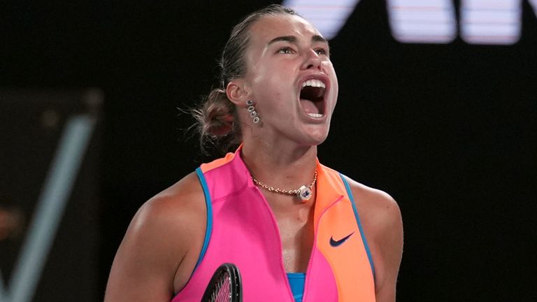 Aryna Sabalenka of Belarus reacts during her match against Elena Rybakina of Kazakhstan in the women's singles final at the Australian Open 