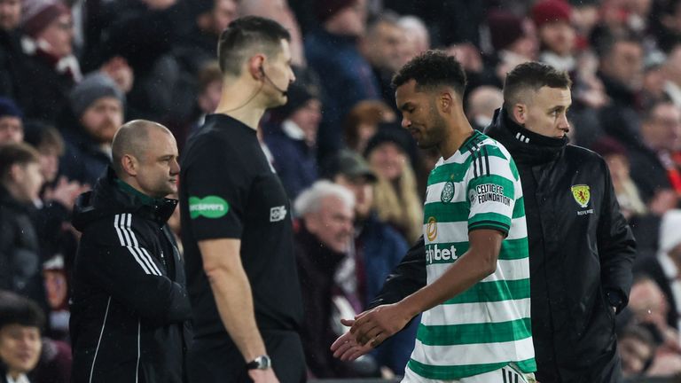 EDINBURGH, SCOTLAND - JANUARY 25: Celtic's Auston Trusty leaves the pitch after being shown a red card during a William Hill Premiership match between Heart of Midlothian and Celtic at Tynecastle Park, on January 25, 2026, in Edinburgh, Scotland. (Photo by Craig Williamson / SNS Group)