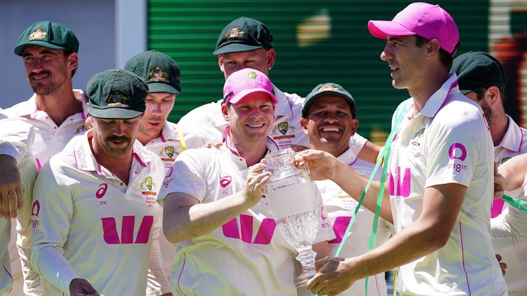 Australia lift the trophy after their 4-1 Ashes series win over England (PA Images)