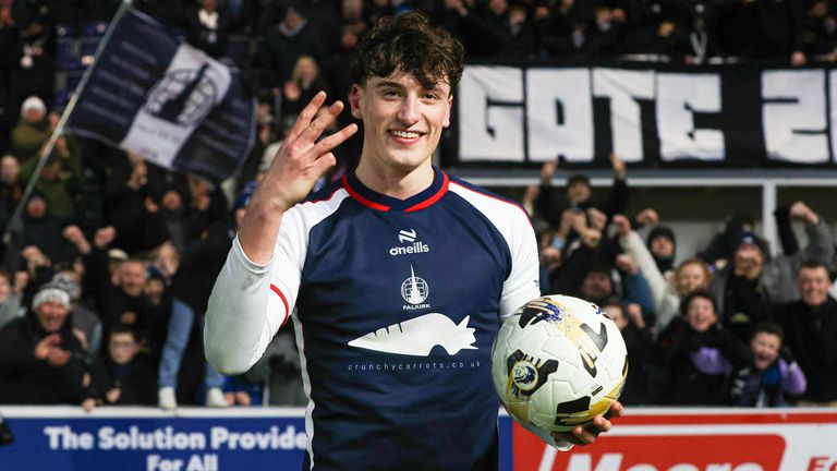 FALKIRK, SCOTLAND - JANUARY 24: Falkirk's Barney Stewart poses with the match ball at full time after scoring a hat trick during a William Hill Premiership match between Falkirk and Hibernian at the Falkirk Stadium, on January 24, 2026, in Falkirk, Scotland. (Photo by Alan Harvey / SNS Group)