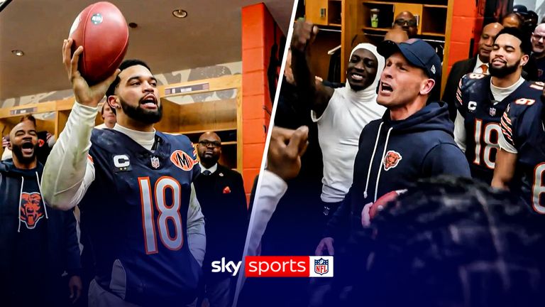 Caleb Williams gives an emotional speech after the Chicago Bears' playoff victory over the Green Bay Packers.