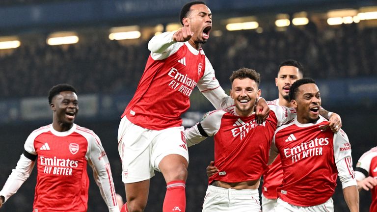 Ben White (second from right) celebrates with team-mates after giving Arsenal an early lead against Chelsea in the Carabao Cup semi-final