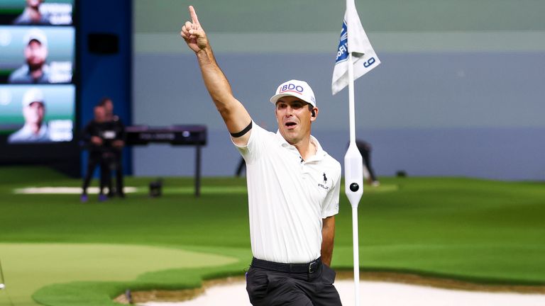 Billy Horschel of Atlanta Drive GC reacts to a shot hit by teammate Patrick Cantlay on the ninth hole during a match against The Bay Golf Cl