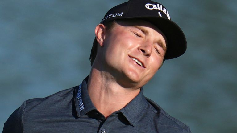 Blades Brown reacts to missing a birdie putt on the ninth hole, his final hole, scoring a 12-under-par 60 during the second round of the American Express golf event at the Jack Nicklaus Tournament Course at PGA West Friday, Jan. 23, 2026, in La Quinta, Calif. (AP Photo/Ross D. Franklin)
