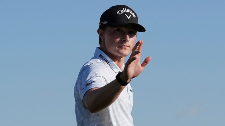 Blades Brown waves to the crowd as he is introduced at the first tee during the third round of the American Express golf event on the Pete Dye Stadium Course at PGA West Saturday, Jan. 24, 2026, in La Quinta, Calif. (AP Photo/Ross D. Franklin)