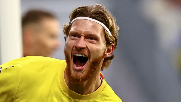 Bodo Glimt's Kasper H..gh celebrates after scoring a goal against Sturm Graz during a UEFA Champions Leauge soccer match, Wednesday, Aug. 20, 205, in Bodo, Norway. (Mats Torbergsen/NTB Scanpix via AP)