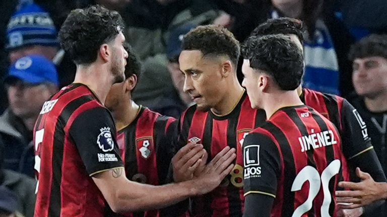 Marcus Tavernier is congratulated after giving Bournemouth the lead at Brighton