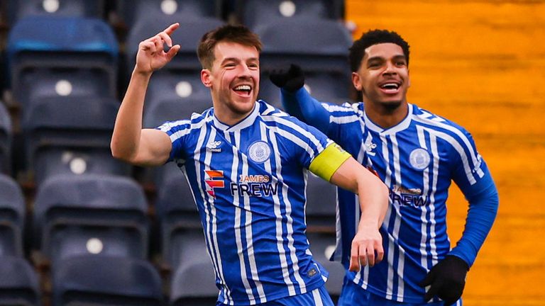  Kilmarnock's Brad Lyons (L) celebrates scoring to make it 1-0 with teammate Tyreece John-Jules during a William Hill Premiership match between Kilmarnock and Aberdeen at the BBSP Stadium Rugby Park, on Janaury 31, 2026, in Kilmarnock, Scotland. (Photo by Craig Williamson / SNS Group)