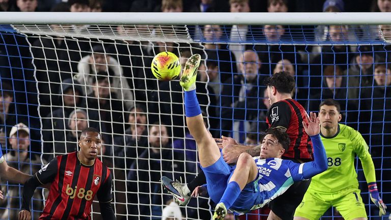 Brighton's Charalampos Kostoulas equalises against Bournemouth with an acrobatic overhead kick