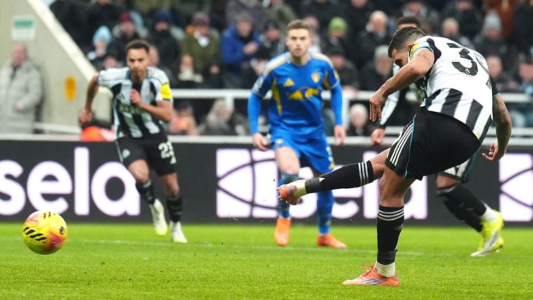 Bruno Guimaraes scores a late equaliser for Newcastle from the penalty spot