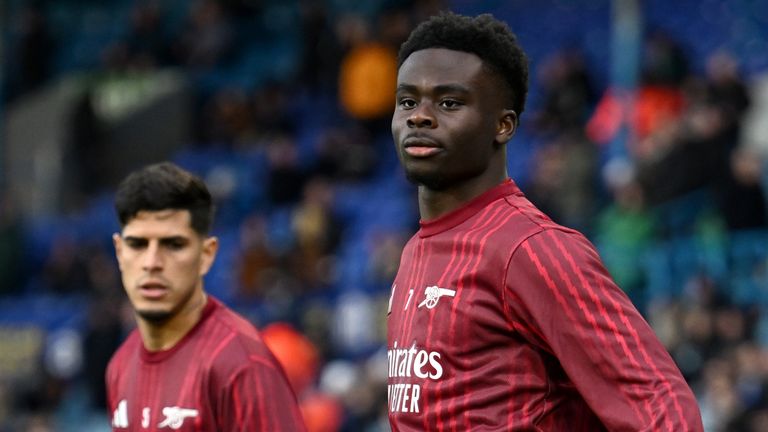 Arsenal winger Bukayo Saka pictured during the pre-match warm-up at Elland Road