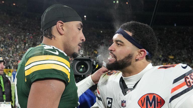 Green Bay Packers quarterback Jordan Love, left, embraces Chicago Bears quarterback Caleb Williams (18) after an NFL football game Sunday, Dec. 7, 2025, in Green Bay, Wis. (AP Photo/Morry Gash)