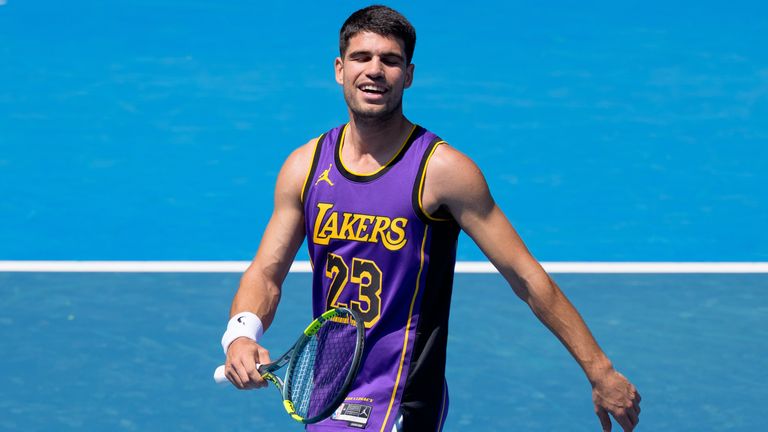 CARLOS ALCARAZ of Spain practises on Rod Laver Arena ahead of the 2026 Australian Open in Melbourne, Australia. Sydney Low/Cal Sport Media(C