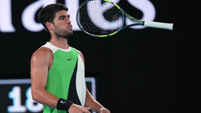 Carlos Alcaraz of Spain reacts during his quarterfinal match against Alex de Minaur of Australia during their quarterfinal match at the Aust