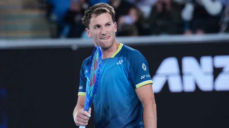 Casper Ruud of Norway reacts after defeating Jaume Munar of Spain in their second round match at the Australian Open tennis championship in 