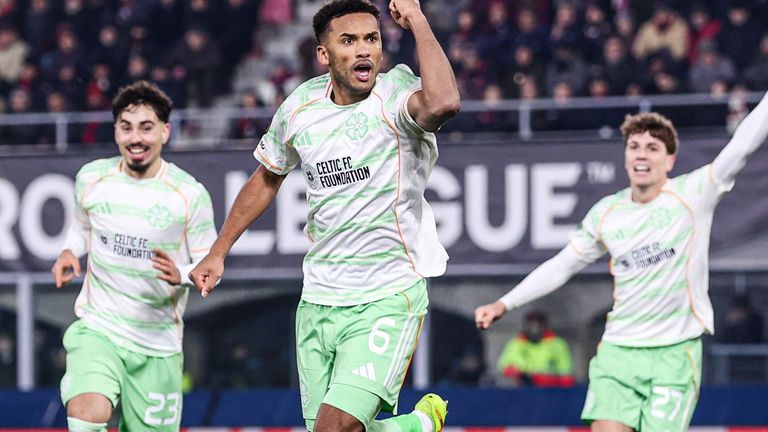 BOLOGNA, ITALY - JANUARY 22: Celtic's Auston Trusty celebrates as he scores to make it 2-0 during a UEFA Europa League 2025/26 League Phase MD7 match between Bologna and Celtic at Stadio Renato Dall'Ara, on January 22, 2026, in Bologna, Italy. (Photo by Craig Williamson / SNS Group)