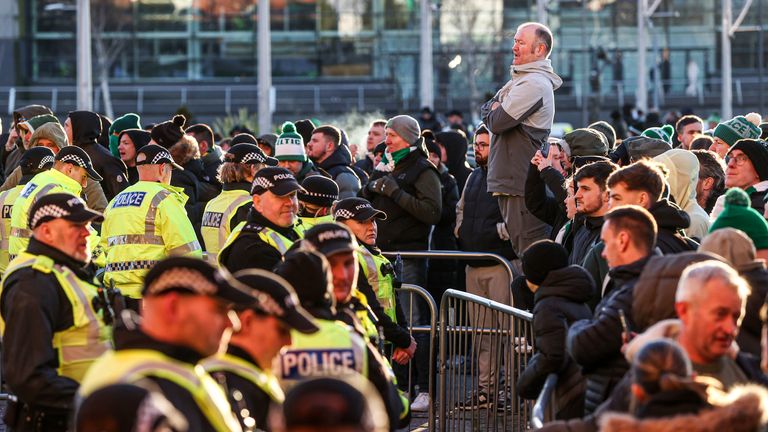 Celtic fans gather outside the stadium in protest against the board after the 3-1 defeat to Rangers