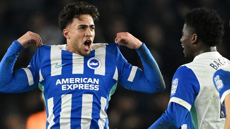 Charalampos Kostoulas celebrates his eye-catching equaliser for Brighton against Bournemouth