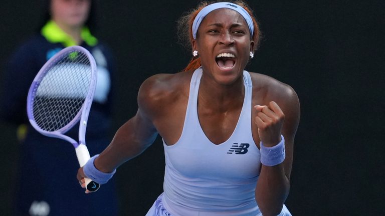 Coco Gauff of the U.S. celebrates after defeating Karolina Muchova of the Czech Republic in their fourth round match at the Australian Open 
