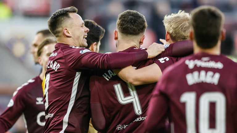 EDINBURGH, SCOTLAND - JANUARY 03: Hearts' Lawrence Shankland (L) celebrates with Craig Halkett (R) after he scores to make it 1-0 during a William Hill Premiership match between Heart of Midlothian and Livingston at Tynecastle Park, on January 03, 2026, in Edinburgh, Scotland. (Photo by Mark Scates / SNS Group)