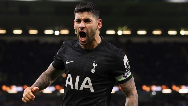 Cristian Romero celebrates after scoring a 90th-minute equaliser for Spurs at Burnley