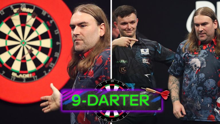 Ryan Searle hit a nine-darter to win his match against Nathan Rafferty at the 2023 Grand Slam of Darts.