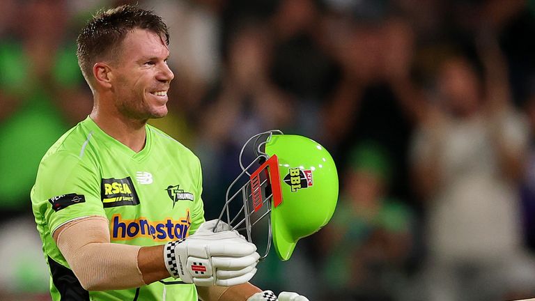David Warner celebrates his Big Bash League hundred for Sydney Thunder during the 2025-26 season (Getty Images)