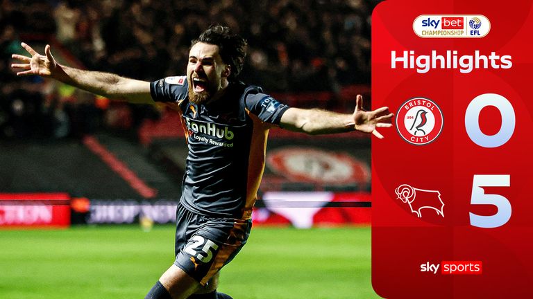 Derby County's Ben Brereton Diaz celebrates scoring their side's second goal during the Sky Bet Championship match at Ashton Gate, Bristol.