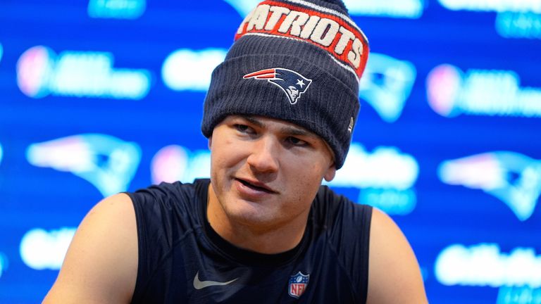 New England Patriots quarterback Drake Maye speaks in a news conference after an NFL football game against the Miami Dolphins in Foxborough, Mass., Sunday, Jan. 4, 2026. (AP Photo/Charles Krupa)