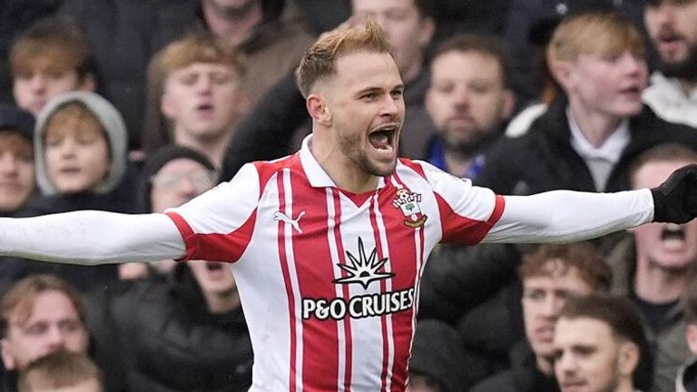 Leo Scienza celebrates after opening the scoring for Southampton at Portsmouth