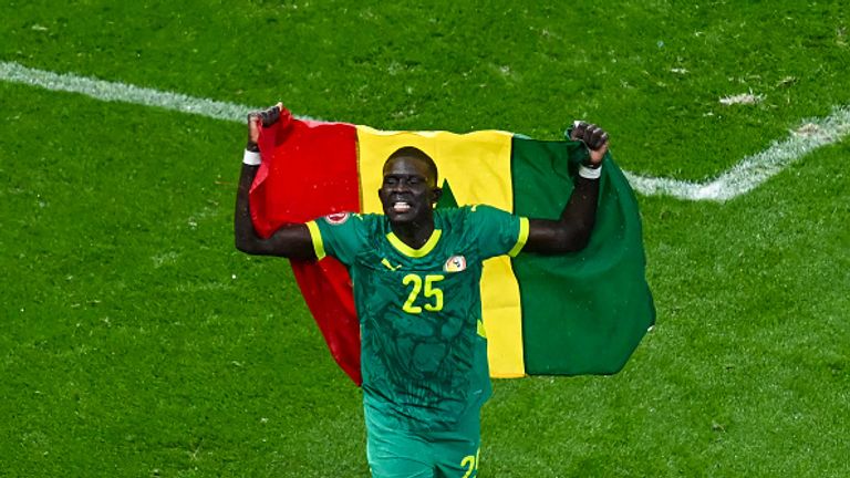 Senegal's defender #25 El Hadji Malick Diouf celebrates during the Africa Cup of Nations (CAN) final football match between Senegal and Morocco at the Prince Moulay Abdellah Stadium in Rabat on January 18, 2026. (Photo by Paul ELLIS / AFP via Getty Images)