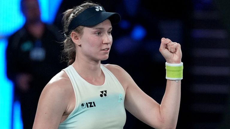 Elena Rybakina of Kazakhstan reacts after winning her semifinal match against Jessica Pegula of the U.S. at the Australian Open tennis champ