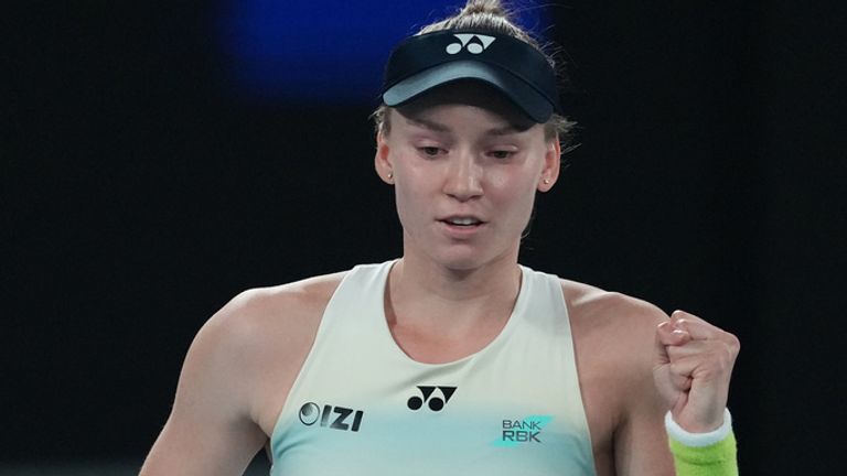 Elena Rybakina of Kazakhstan celebrates winning a point against Aryna Sabalenka of Belarus during the women's singles final at the Australian Open tennis championship in Melbourne, Australia, Saturday, Jan. 31, 2026. (AP Photo/Asanka Brendon Ratnayake)