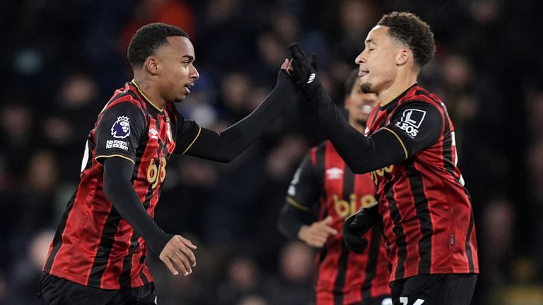 Bournemouth's Eli Junior Kroupi (left) celebrates with team-mate Marcus Tavernier