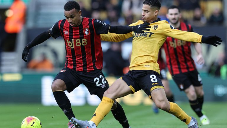 Eli Junior Kroupi (L) is challenged by Joao Gomes