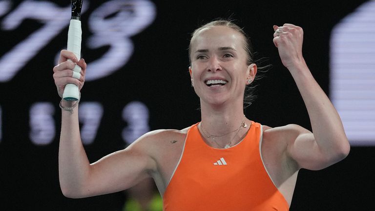 Elina Svitolina of Ukraine celebrates after defeating Mirra Andreeva of Russia in their fourth round match at the Australian Open tennis cha