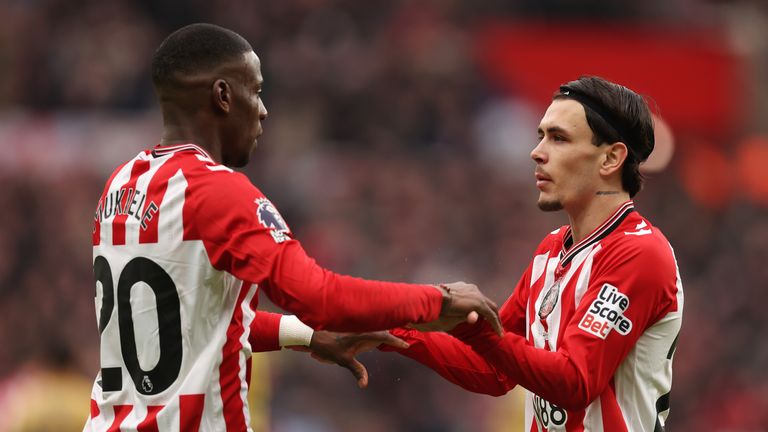 Enzo Le Fee of Sunderland celebrates scoring his team's first goal with teammate Nordi Mukiele